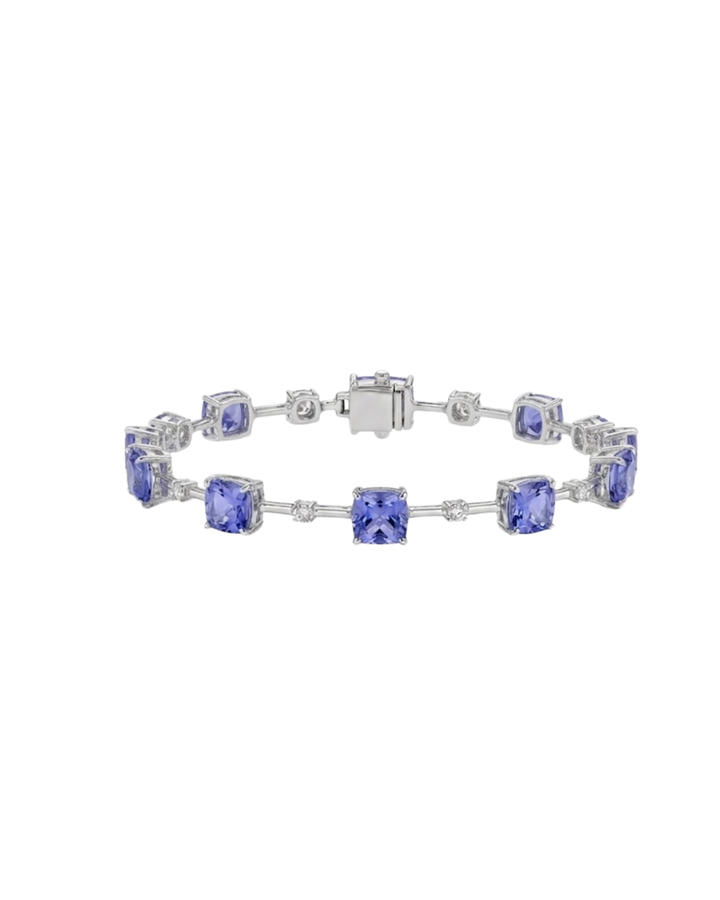 Pulseira Riviera Tanzanita Cushion e Diamantes em Ouro Branco 18K