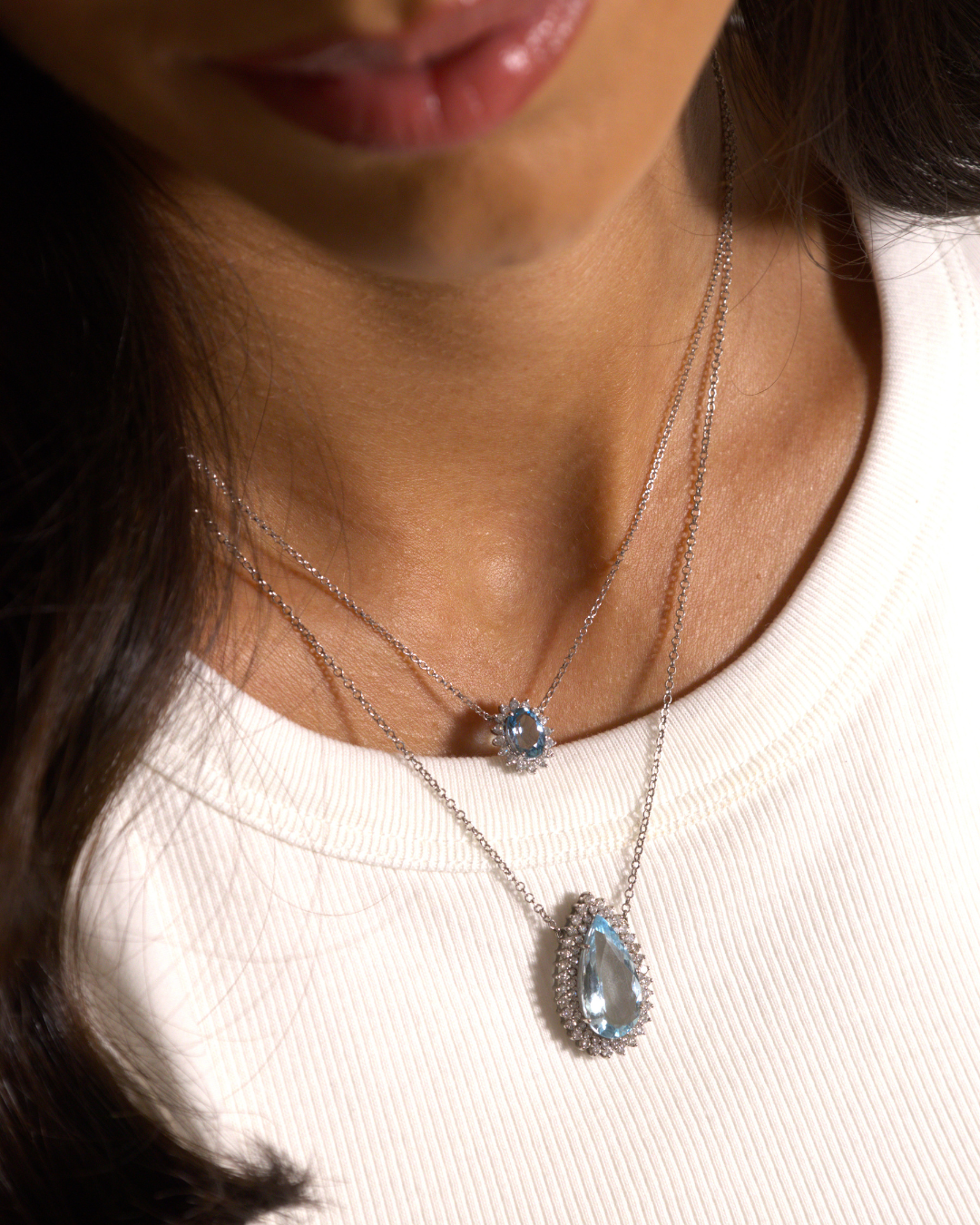 Colar Gota Água Marinha Duas Voltas Diamantes em Ouro Branco 18K