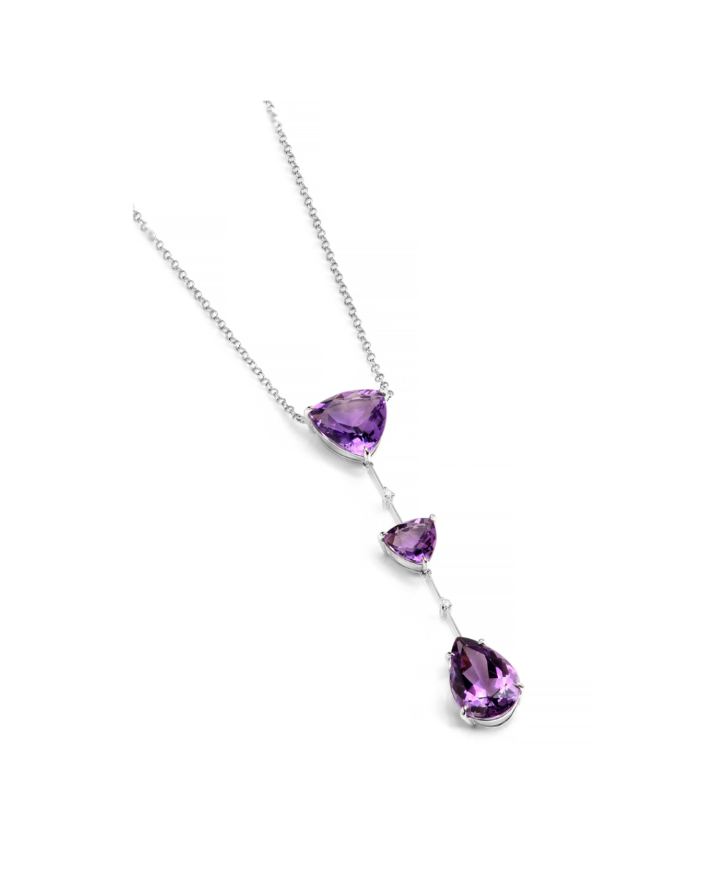 Colar Trio Ametistas Gotas e Trilhon em Ouro Branco 18K