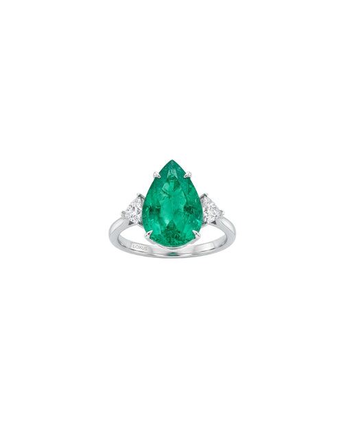 Anel Esmeralda Gota em Ouro Branco 18K