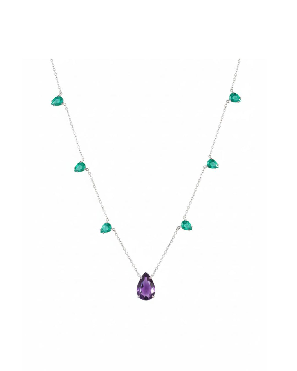 Colar Ametista e Esmeraldas Gotas em Ouro Branco 18K