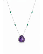Colar Gota Grande Ametista e Esmeraldas em Ouro Branco 18K