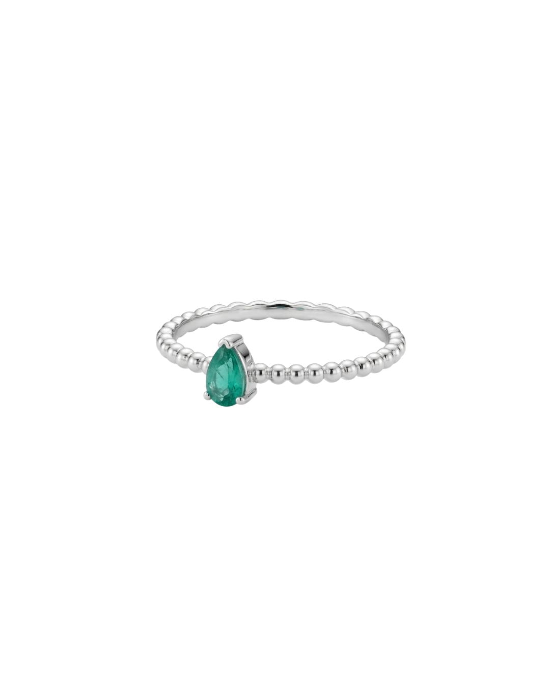 Anel Bolinhas Gota Esmeralda em Ouro Branco 18K